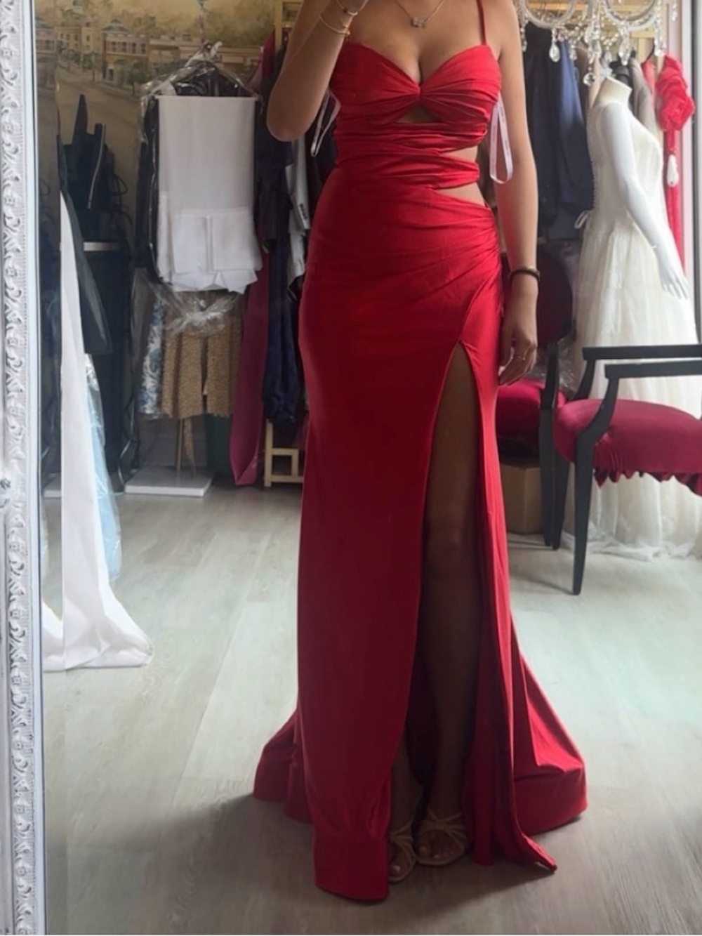 Sherri Hill Red Cutout Spaghetti Strap Prom Gown
